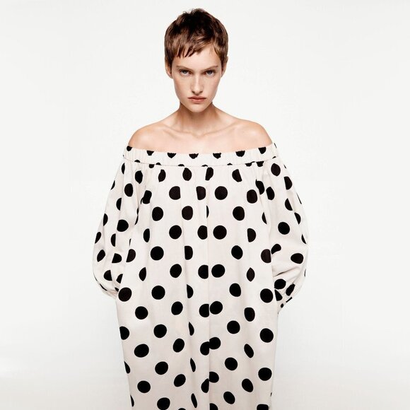 NWT Zara off-white ecru and black polka dot dress, S - Picture 3 of 15